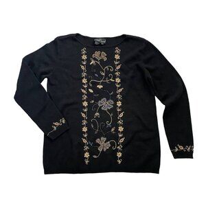Carole Little Wool Beaded Embroidered Knit Sweater Women Size Large Black Floral